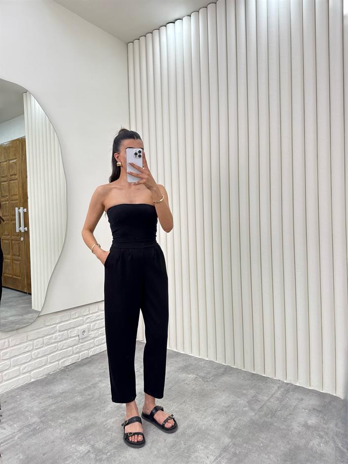 Siyah  Beli Lastikli Cepli Harem Pantolon Gaus00308