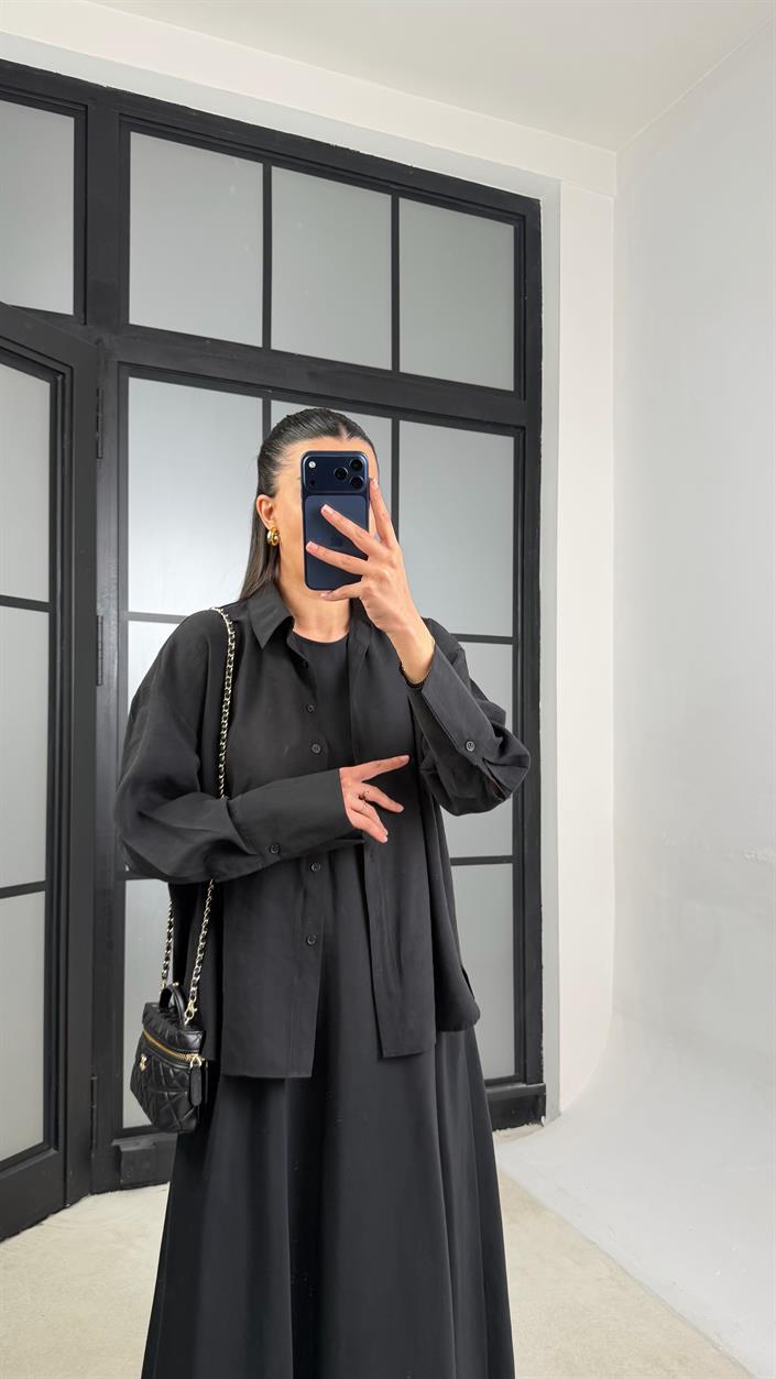 Siyah Gömlek Elbise Oversize İkili Tencel Takım GAUS-01423
