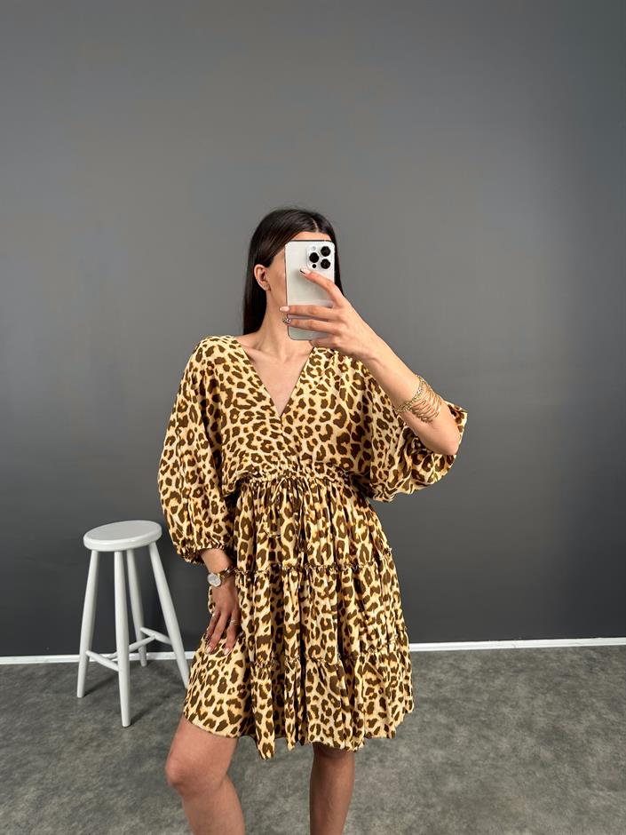 Leoparlı Ön Arka V Beli İpli Elbise 