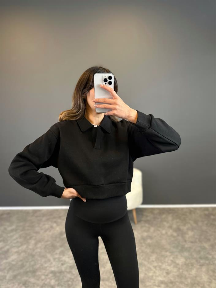 Siyah Polo Yaka Şardonlu Sweatshirt 