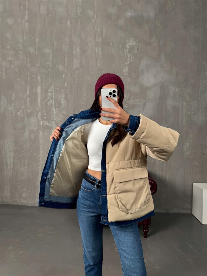 Jovi Taş Denim Detaylı Astarlı Tasarım Şişme Mont