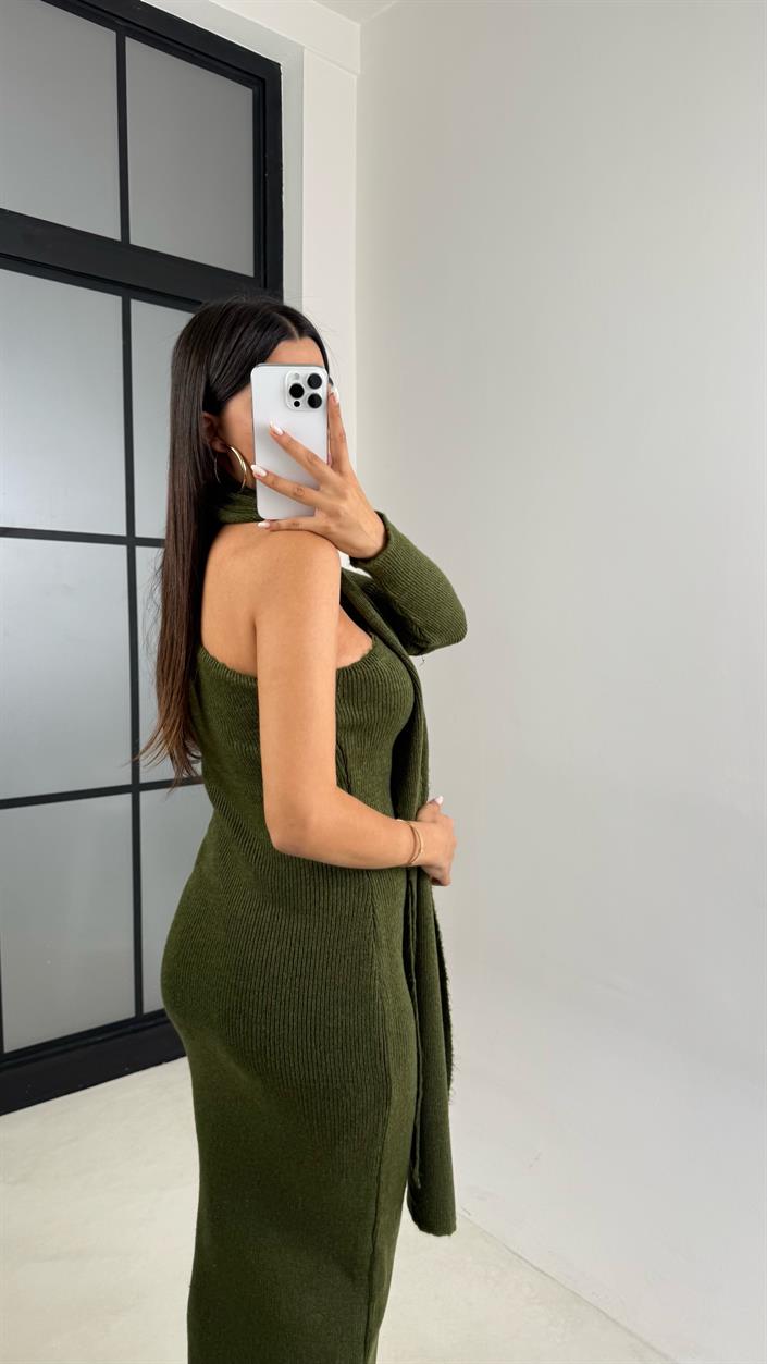 Yeşil Tek Omuz Atkılı Triko Elbise GAUS-00223