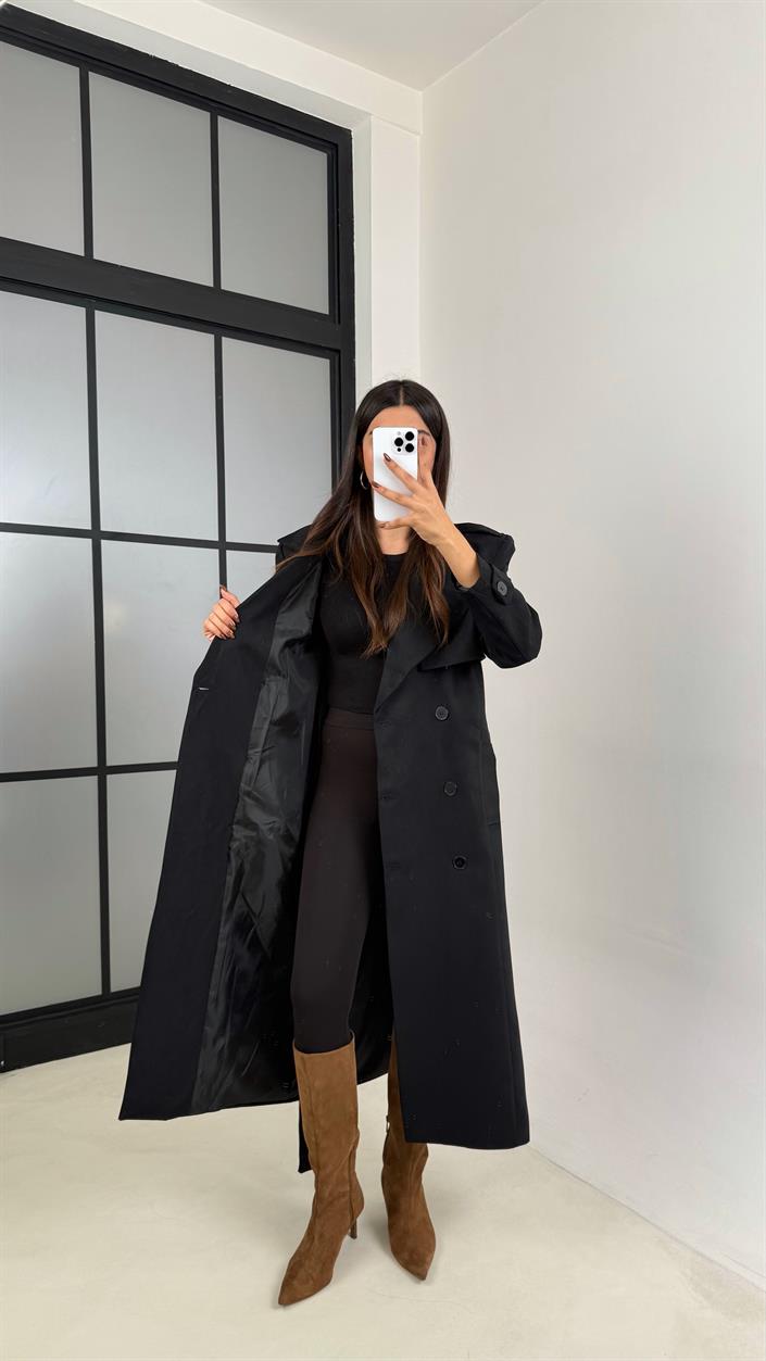 Siyah Astarlı Kuşaklı Süet Trençkot GAUS-00228