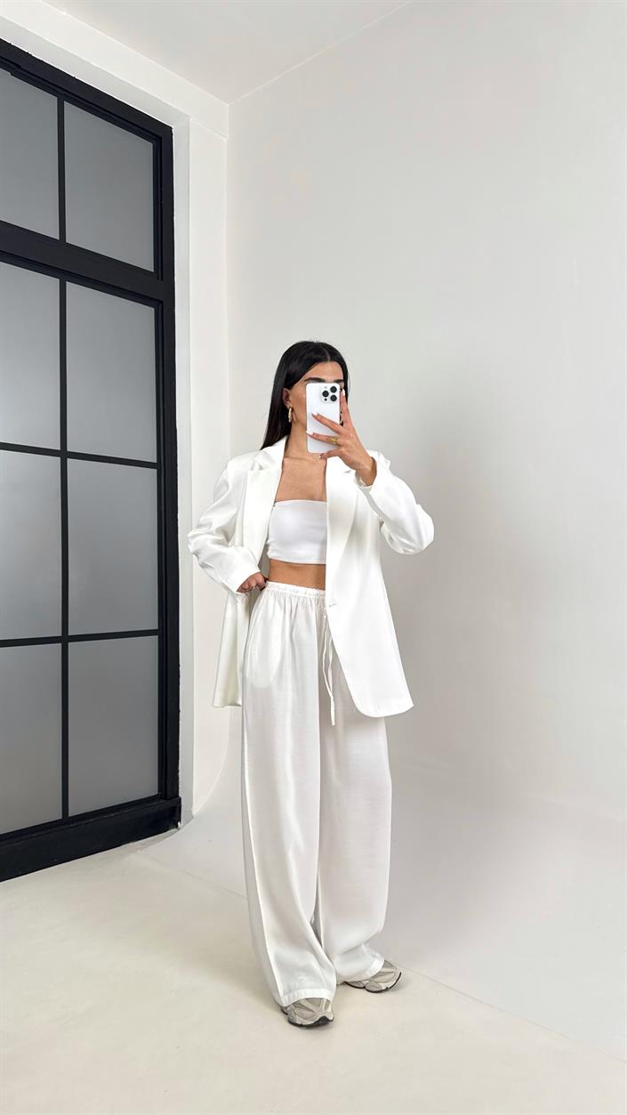 Beyaz Astarlı Blazer Ceket Beli Lastikli Pantolon Tensel Takım Gaus00444