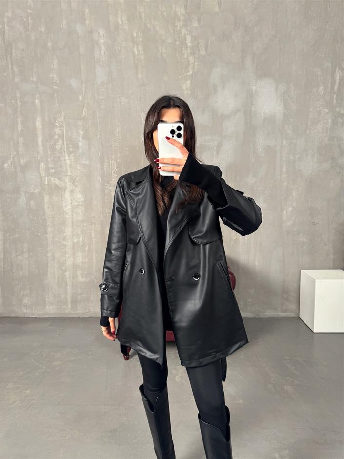 Doris Siyah Astarlı Kuşaklı Deri Orta Boy Trençkot