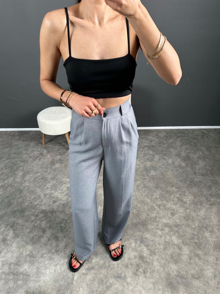 Vive Gri Keten Arkası Lastikli Pantolon