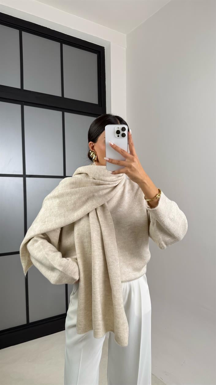 Ekru Şal Detaylı Triko Kazak GAUS-00524