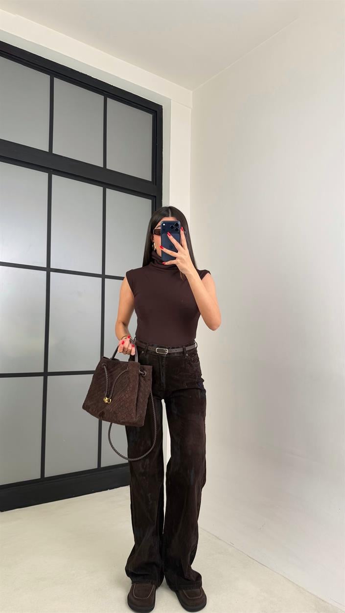 Acı Kahve Kemerli Desenli Kadife Premium Pantolon GAUS-00947