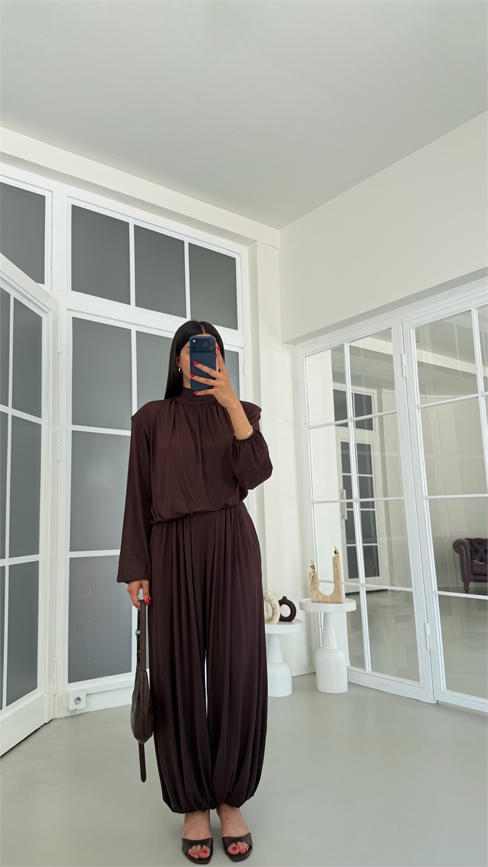 Kahve Vatkalı Bluz Beli Lastikli Cepli Şalvar Pantolon İkili Modal Takım GAUS-01868