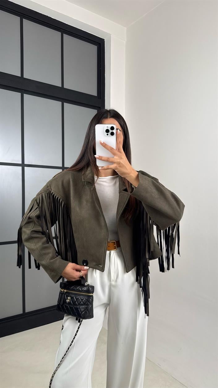 Haki Vintage Püsküllü Süet Ceket GAUS-00483