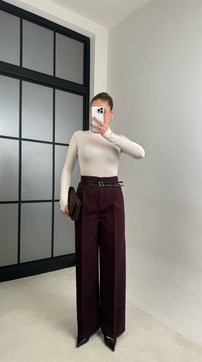 Mürdüm Çift Kemerli Pileli Kumaş Pantolon GAUS-00896