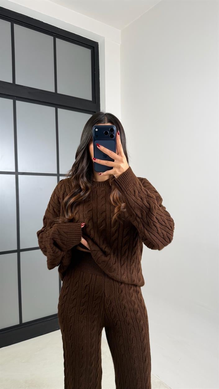 Kahve Saç Örgülü Kazak Beli Lastikli Pantolon Triko Takım GAUS-00592