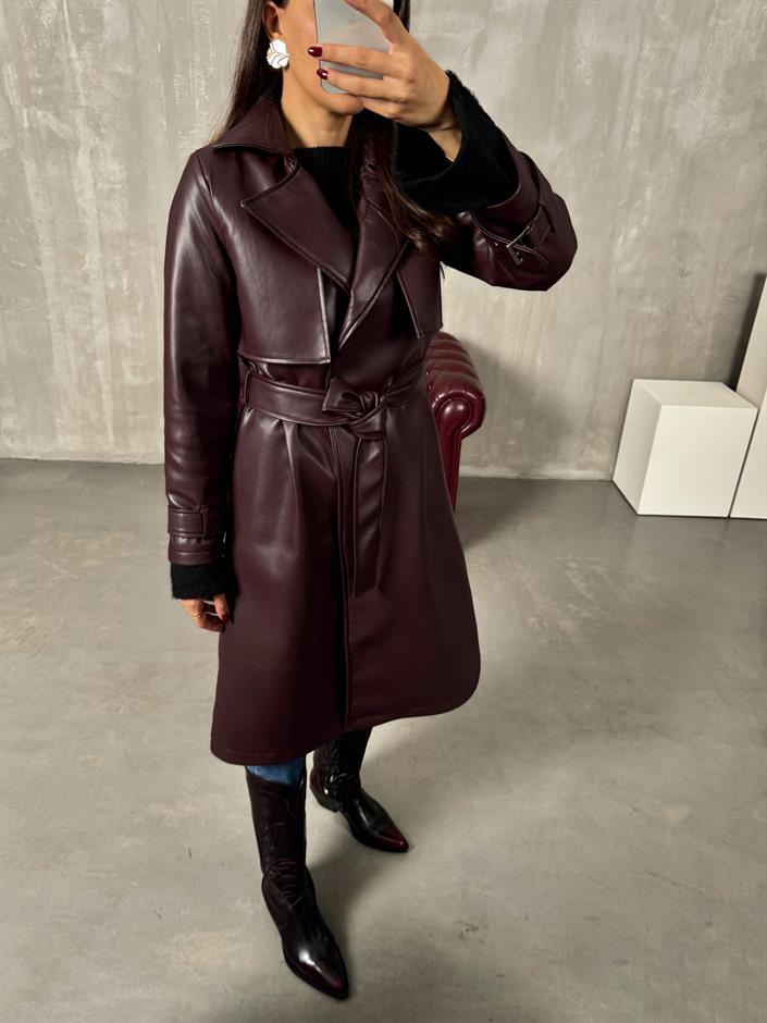 Frezya Bordo Tasarım Astarlı Deri Trençkot