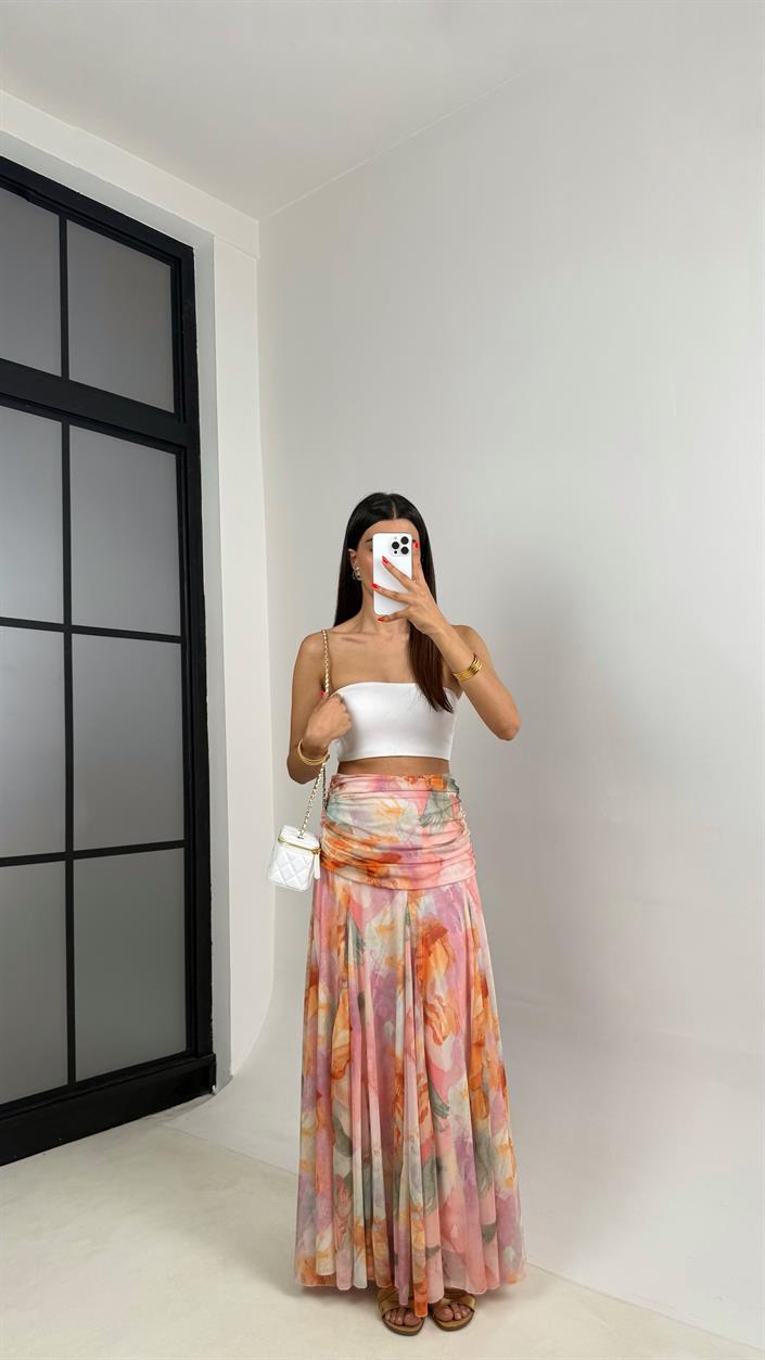Pembe Çok Renkli Desenli Drape Detaylı Astarlı Şifon Etek GAUS-0023