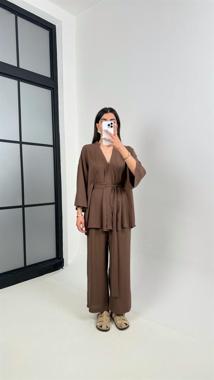 Kahve Kuşaklı Kimono Beli Lastikli Cepli Pantolon Keten Takım Gaus00397