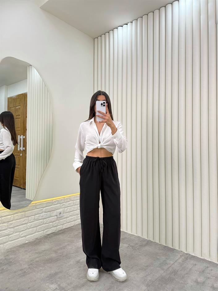 Siyah Beli Lastikli Cepli Tensel Pantolon Gaus00314