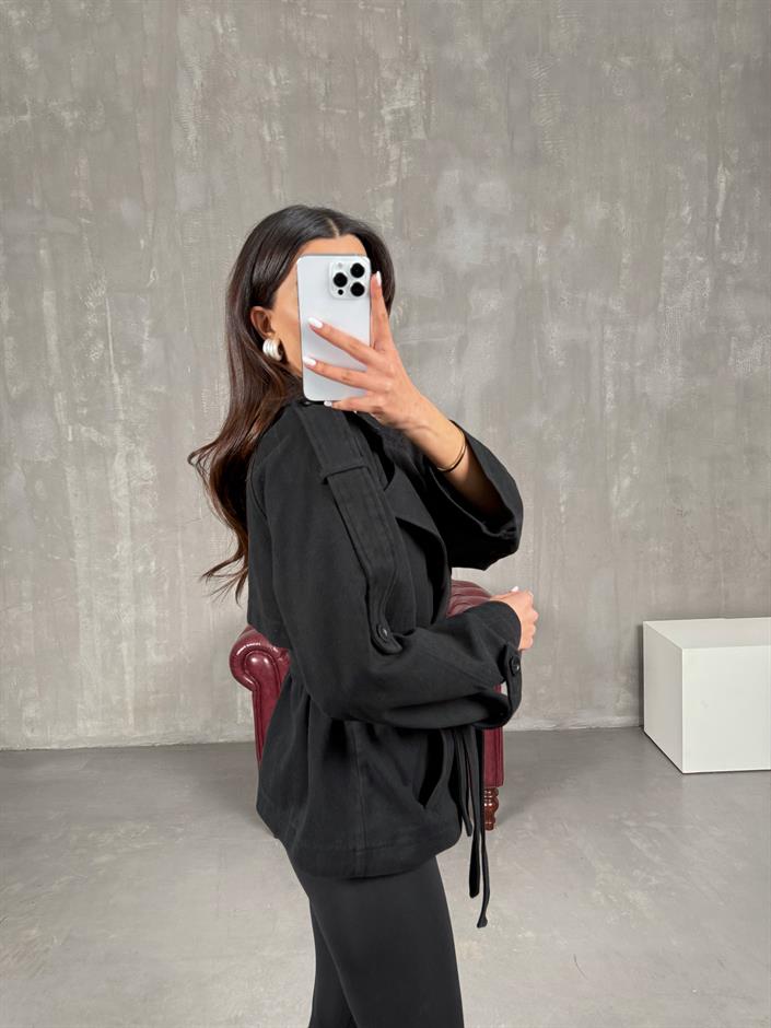 Vegas Siyah Kuşaklı Kısa Gabardin Trençkot