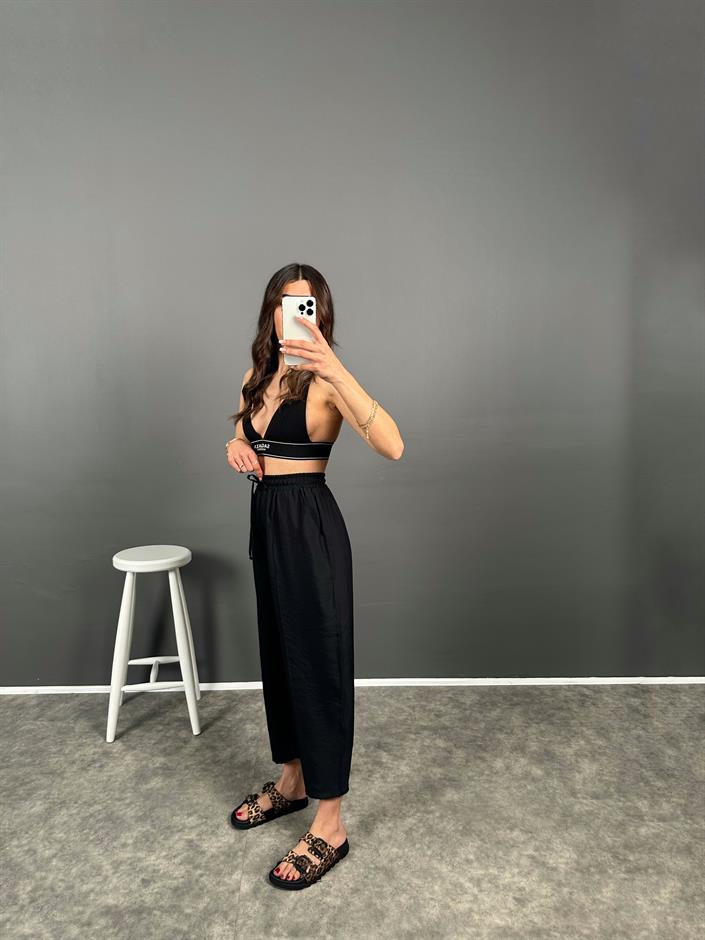 Wil Siyah İthal Kumaş Beli Lastikli Şalvar Pantolon 