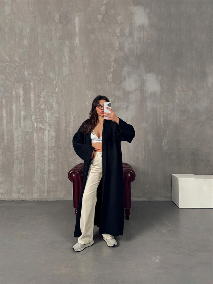 Nivera Siyah Oversize Premium Uzun Hırka
