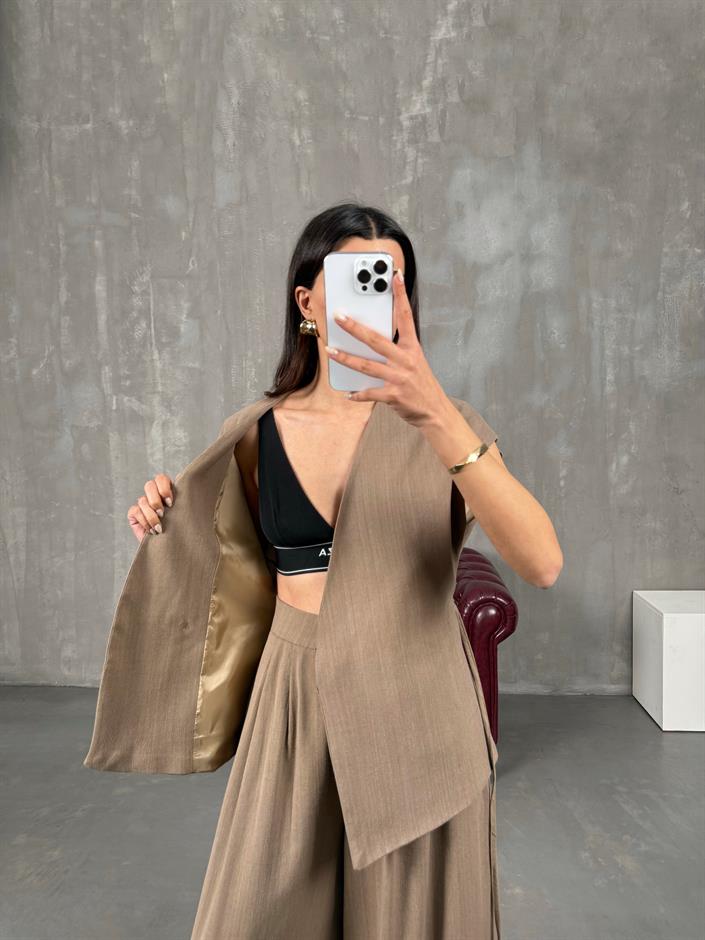 Kely Vizon Astarlı Kuşaklı Yelek Pantolon Keten Takım 