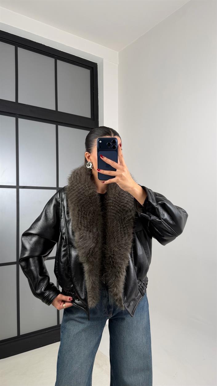 Siyah Yaka Kürk Detaylı Astarlı Bomber Deri Ceket GAUS-00666