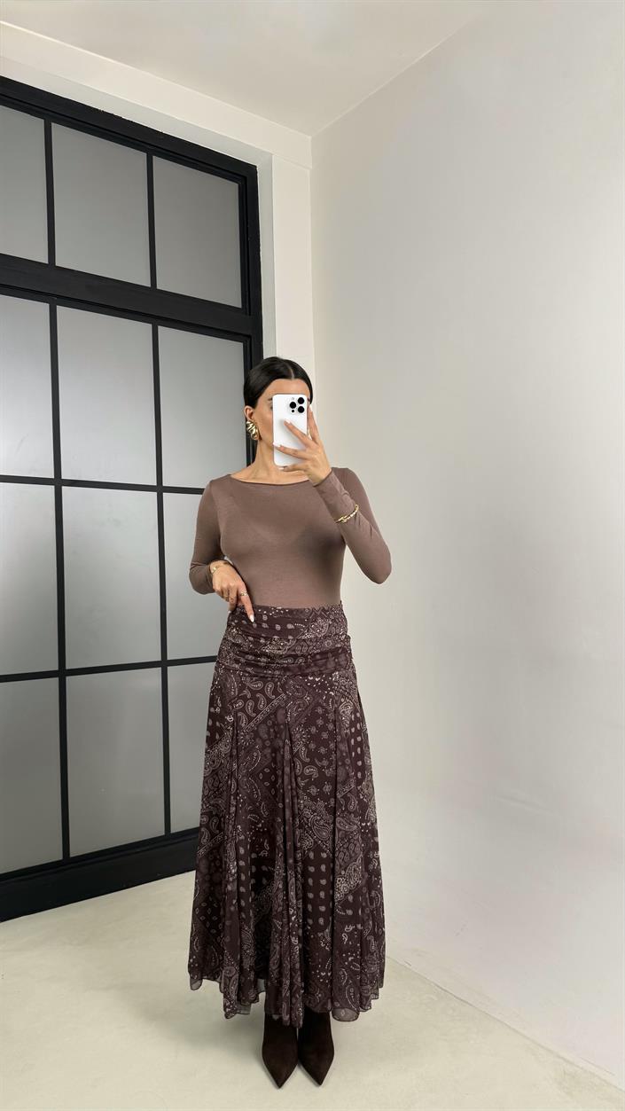 Kahve Etnik Desenli Astarlı Etek GAUS-00464
