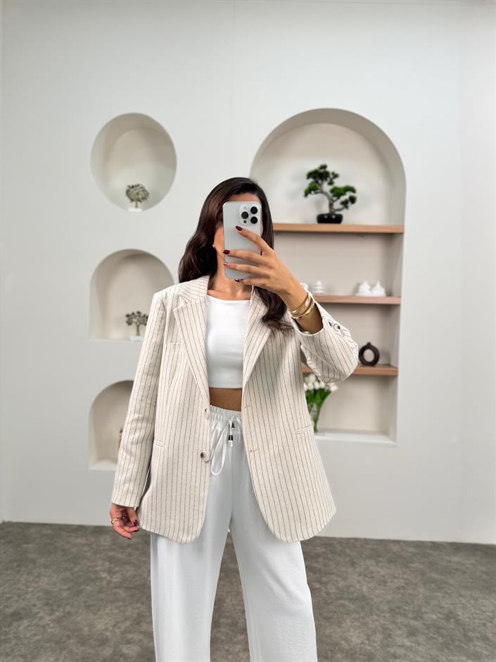 Melins Ekru Çizgili Astarlı Sakallı Blazer Ceket