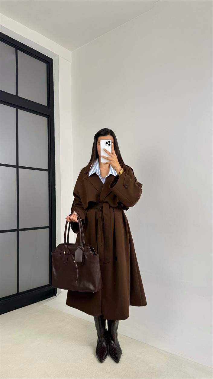 Kahve Kuşaklı Astarlı Cepli Premium Uzun Trençkot GAUS-00119
