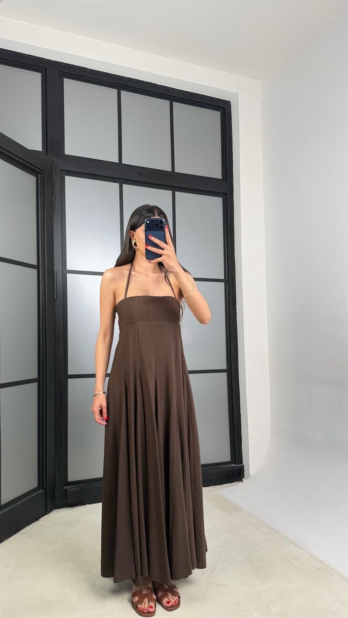 Acı Kahve Boyundan Bağlamalı Tencel Elbise GAUS-01516