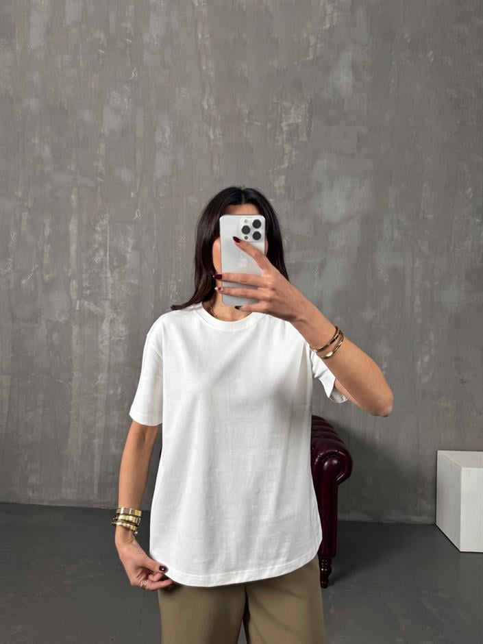 Tifi Beyaz Bisiklet Yaka Basic Tshirt