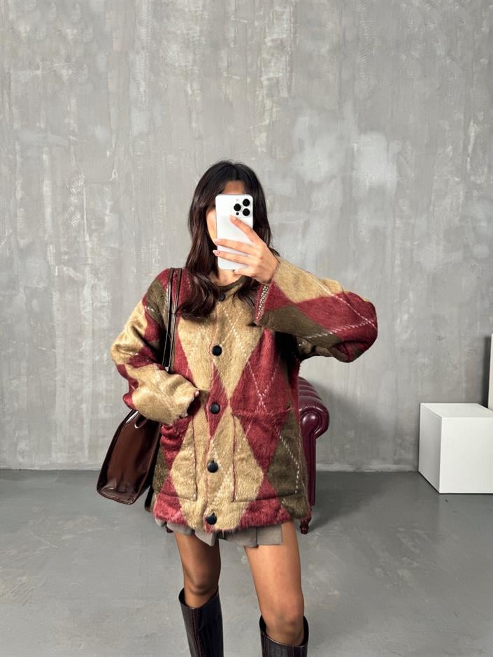 Soov Bordo Vizon Karışımlı Sakallı Baklava Hırka