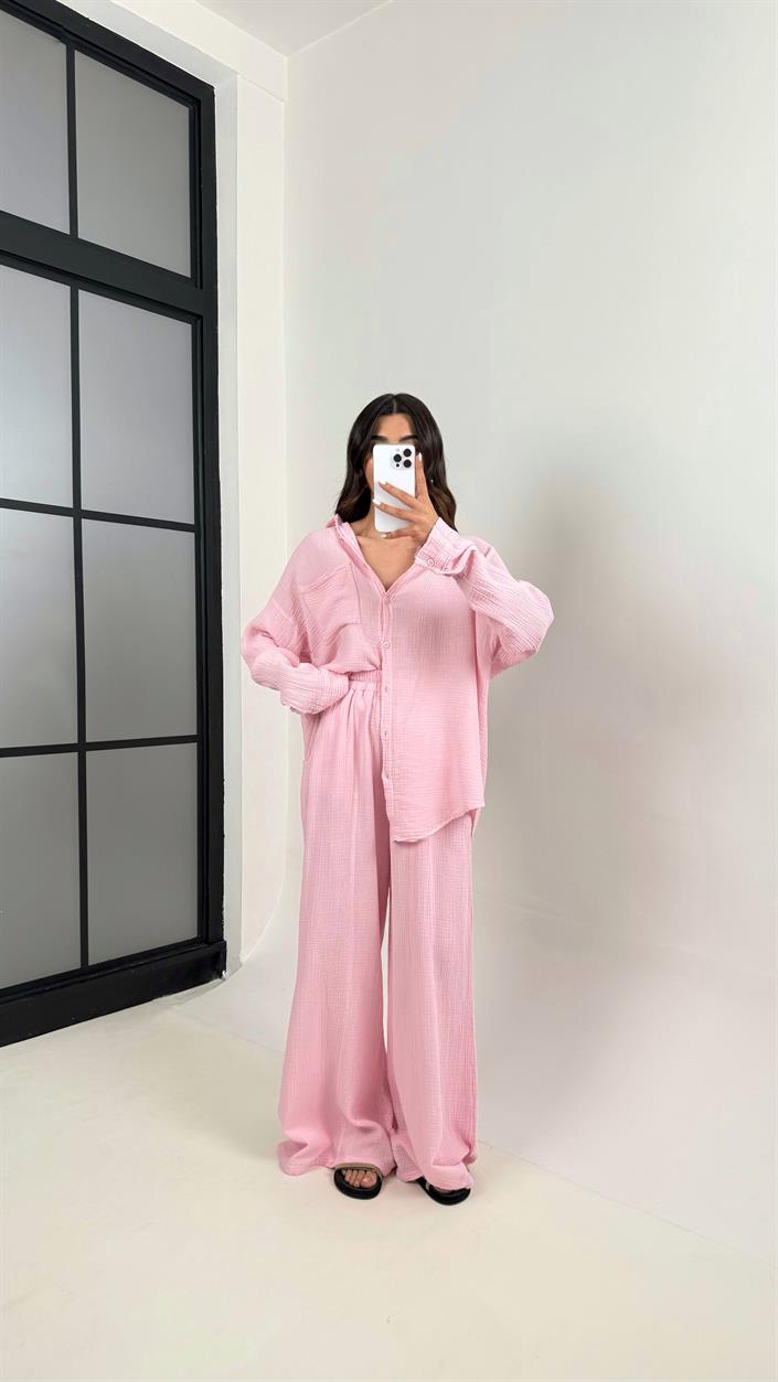 Pembe Önü Düğmeli Cepli Gömlek Beli Lastikli Pantolon Müslin Takım MSLN01 Gaus00385