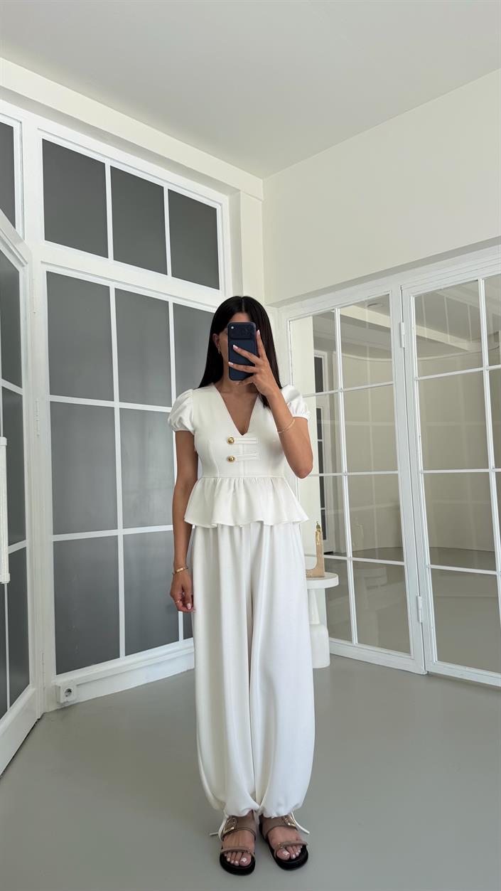 Ekru Gold Düğme Detaylı Peplum Bluz Beli Lastikli Şalvar Pantolon İkili Modal Takım GAUS-01673