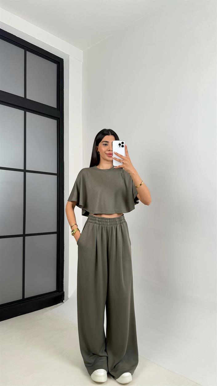 Haki Crop Beli Lastikli Palazzo Eşofman İkili Modal Kumaş Takım GAUS-01219
