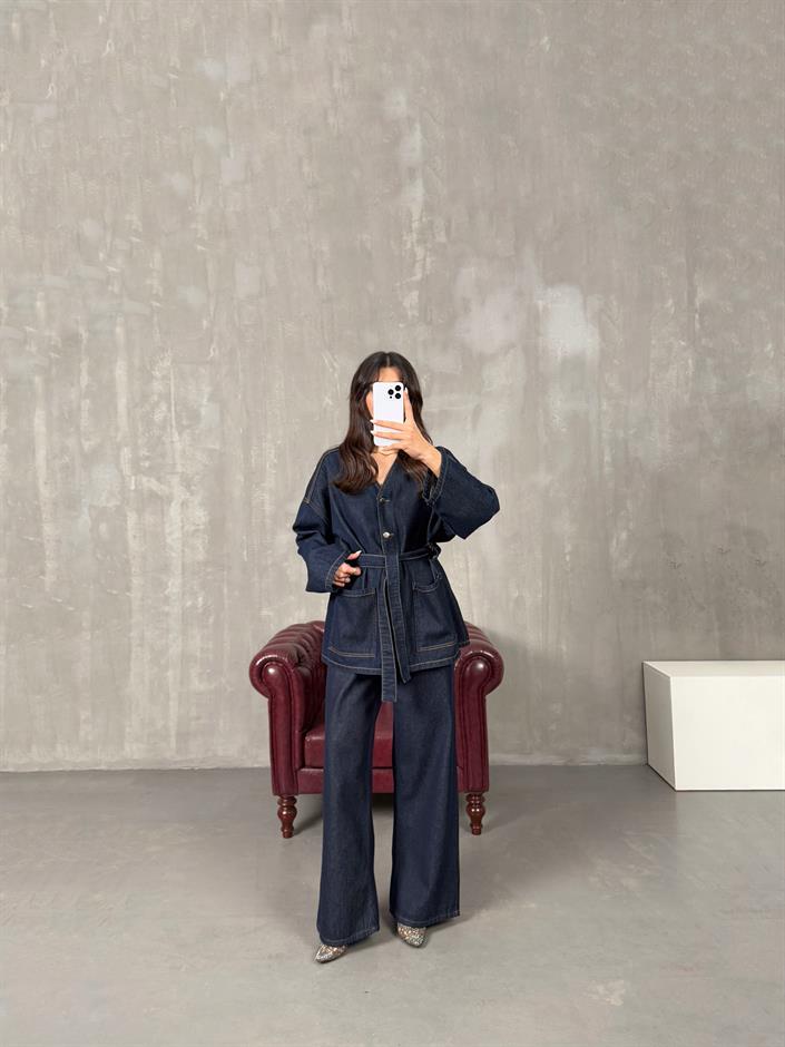 Adela Koyu Mavi  Kuşak Bağlamalı Premium Tasarım Denim Takım