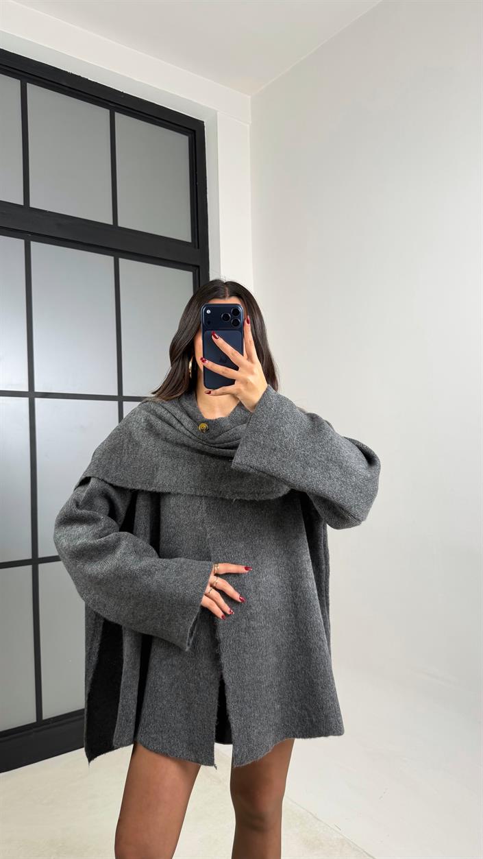 Gri Şal Detaylı Triko Kazak GAUS-00774