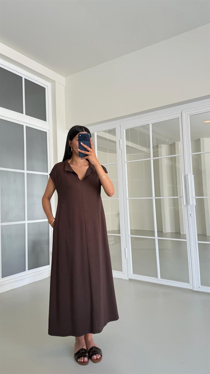 Acı Kahve Polo Yaka Basic Modal Elbise GAUS-01542