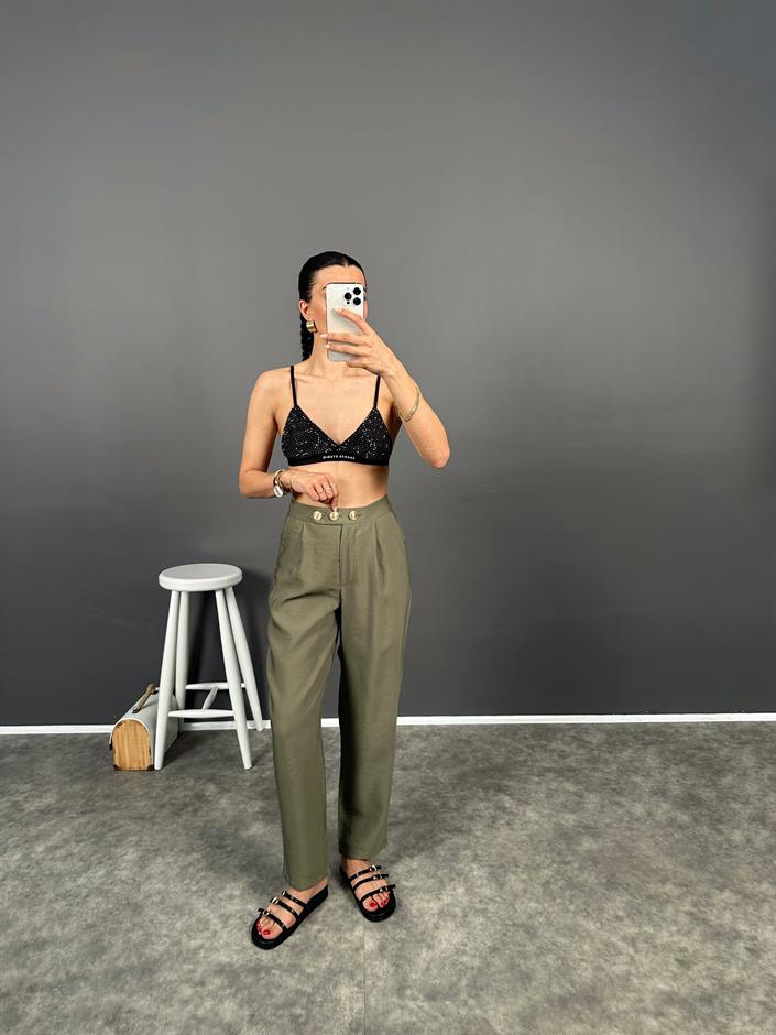 Fortuo Haki Gold Düğmeli Premium Pantolon