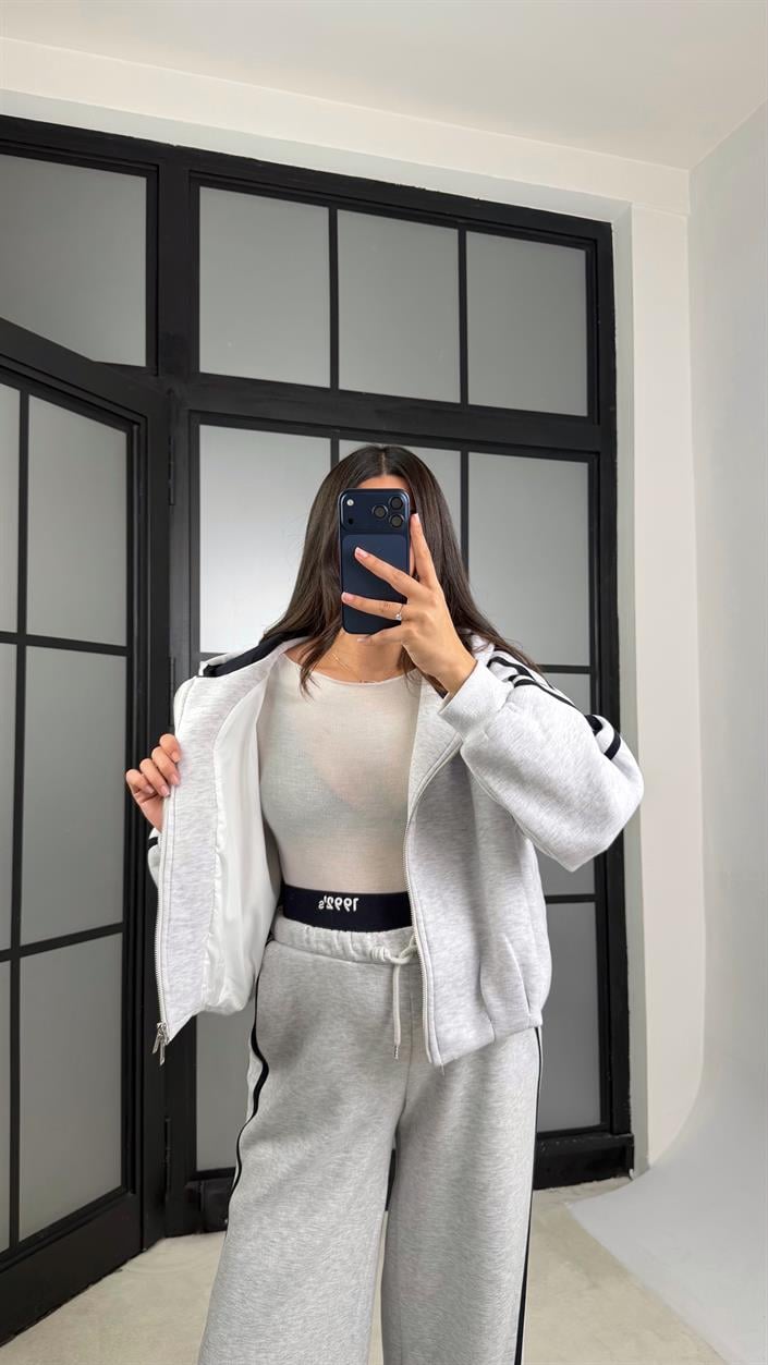 Gri Lacivert Şerit Detaylı Hırka Beli Lastikli Eşofman Şardonlu Takım GAUS-01174