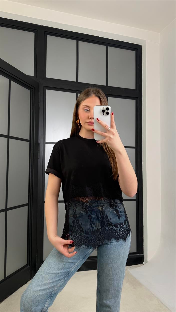Siyah Dantel Detaylı Tshirt GAUS-01265