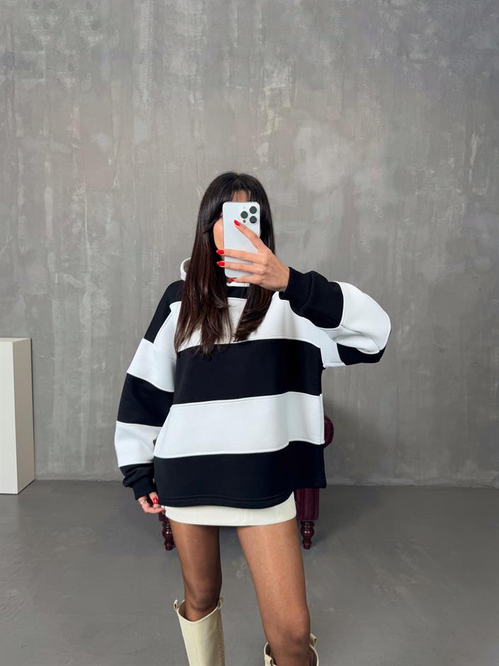 Nicol Siyah Beyaz Çizgili ZR Model Sweatshirt