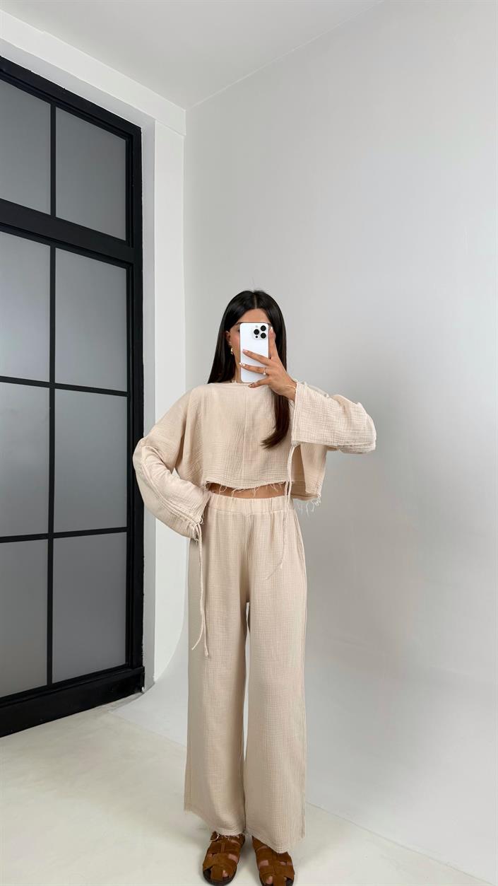 Taş Kol Büzgülü Crop Beli Lastikli Pantolon Tasarım Müslin Takım Gaus00581