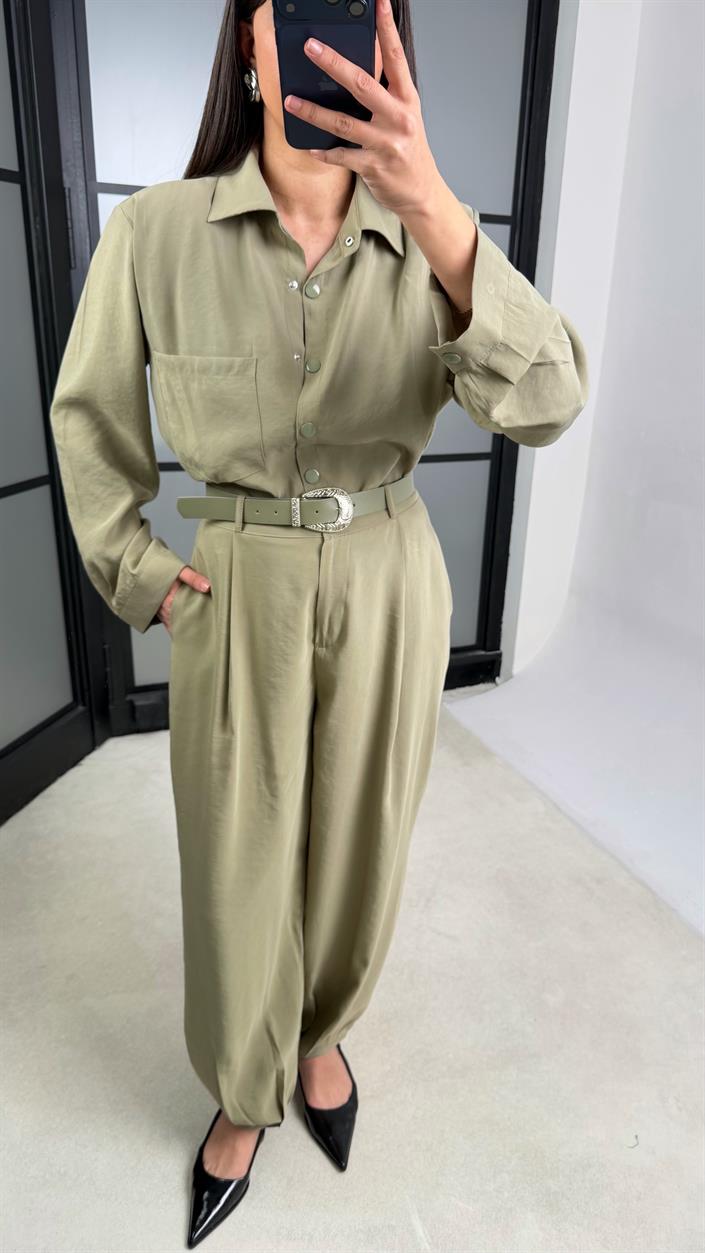 Yeşil Vatkalı Gömlek Kemerli Pantolon İkili Tencel Takım GAUS-01319
