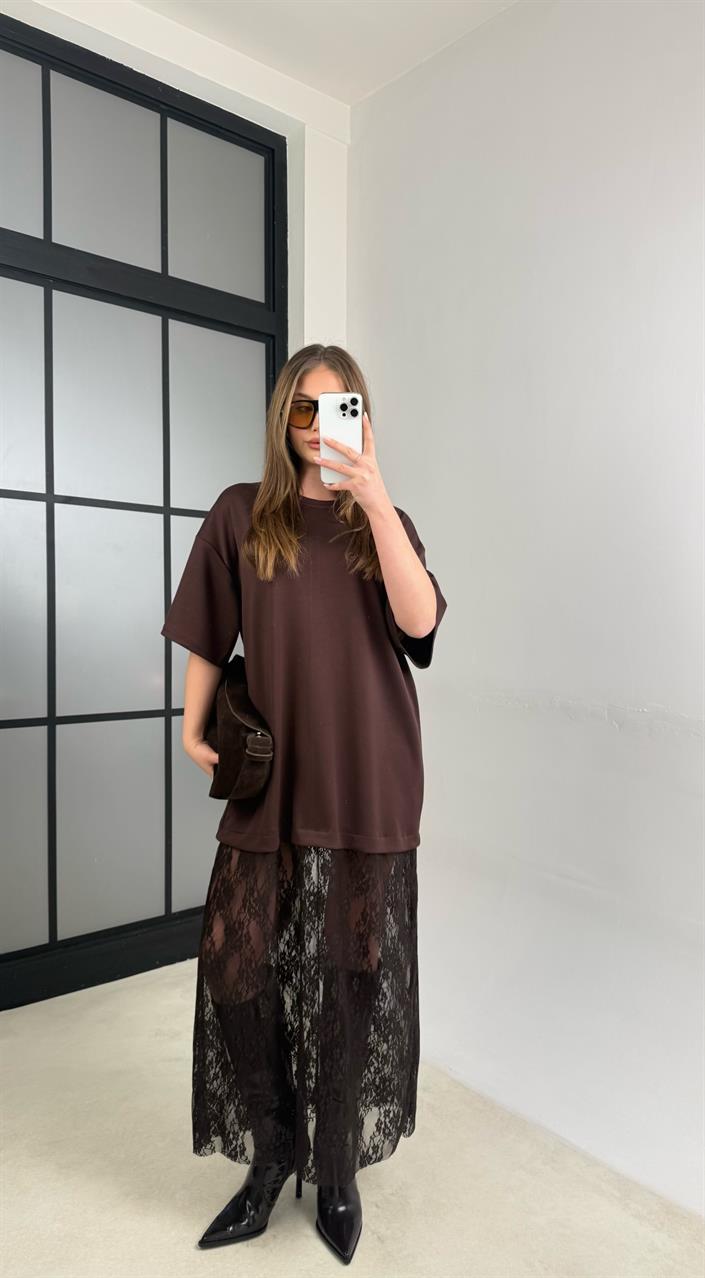 Acı Kahve Dantel Detaylı Modal Kumaş Elbise GAUS-01105