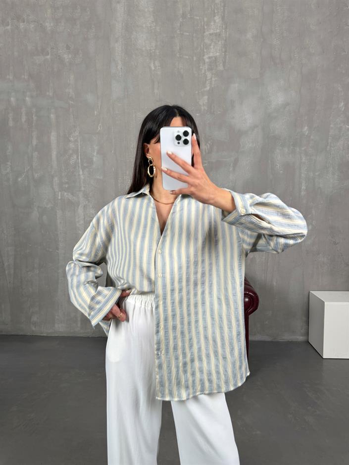 Patis Soft Sarı Çizgili V Yaka Oversize Gömlek