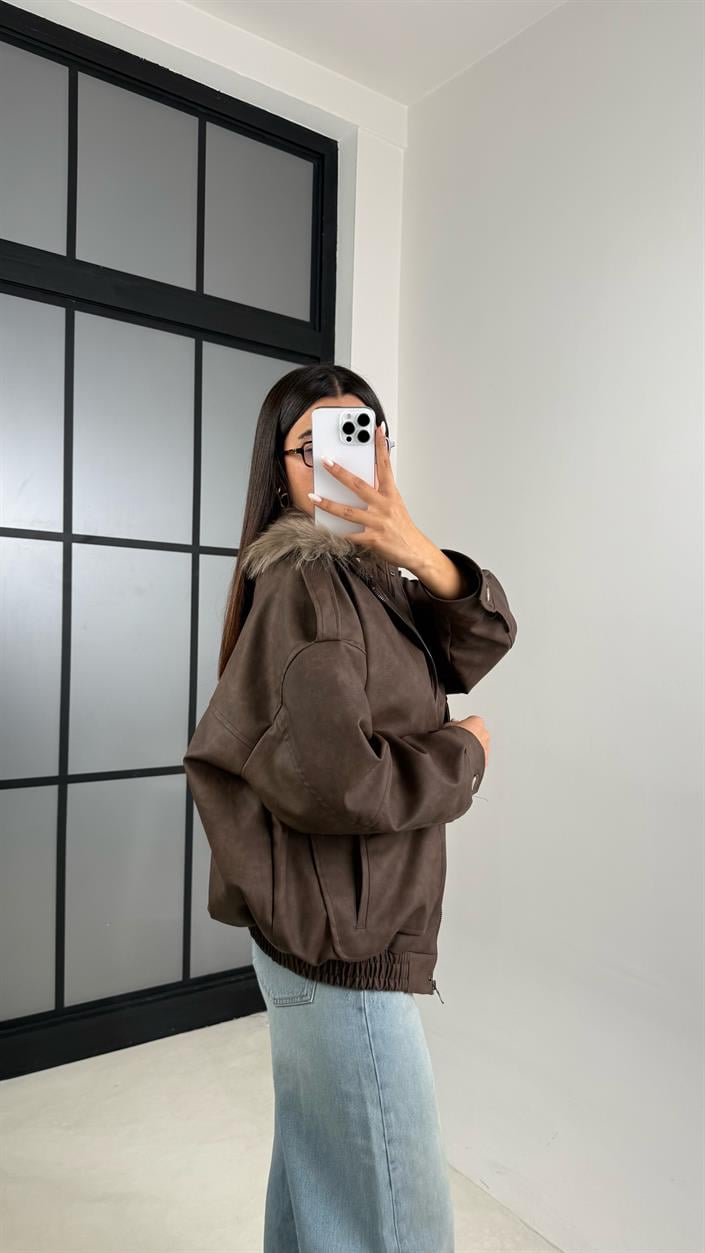 Kahve Çıkarılabilir Kürk Yaka Premium Süet Deri Mont GAUS-00500