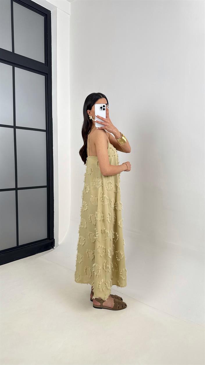Soft Yeşil Püskül Detaylı Askılı Astarlı Keten Elbise Gaus00392