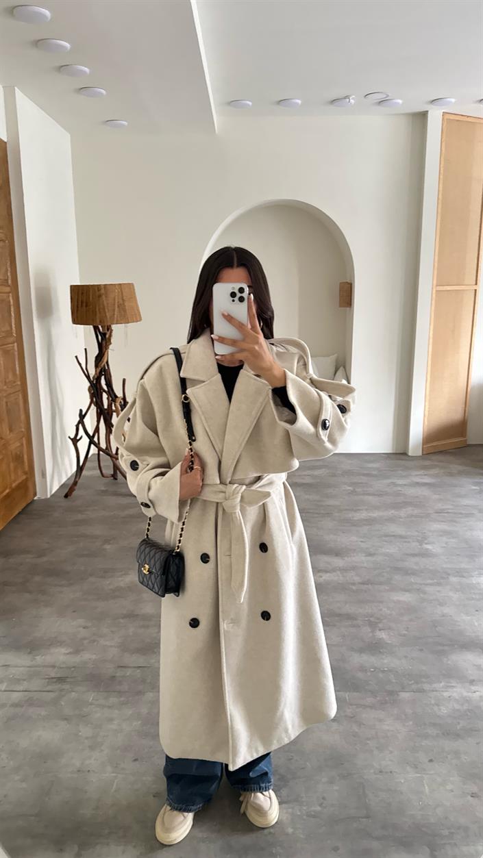 Taş Astarlı Kuşaklı Premium Kaşe Kaban GAUS-00505