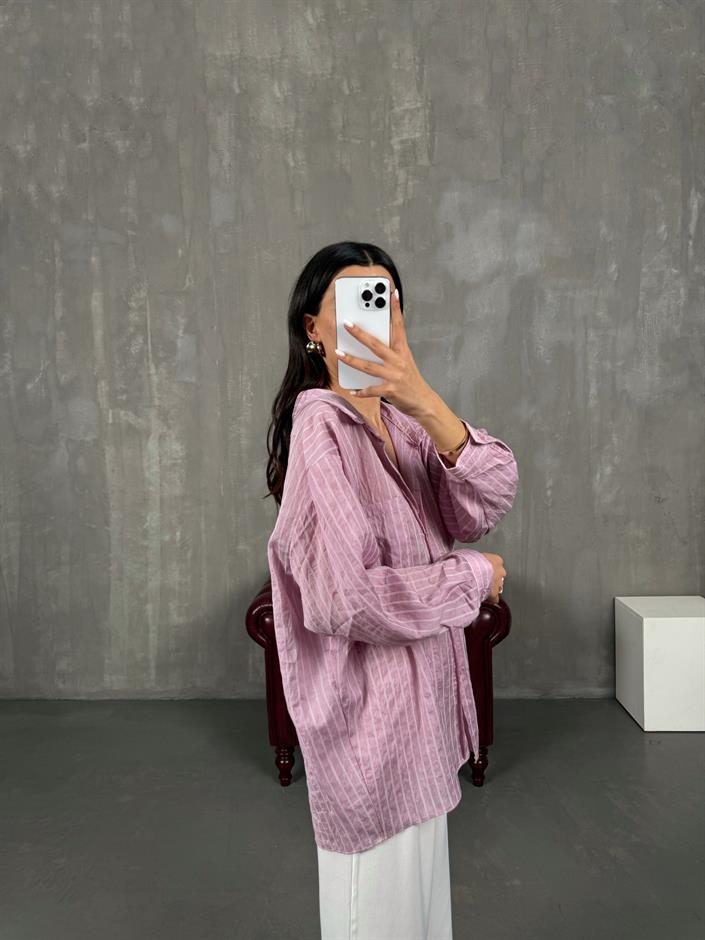 Pembe Çizgili Oversize Gömlek Gaus0004
