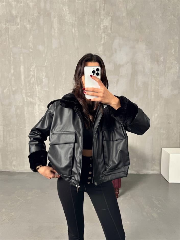 ENR Siyah İçi Peluş Cepli Deri Biker Ceket